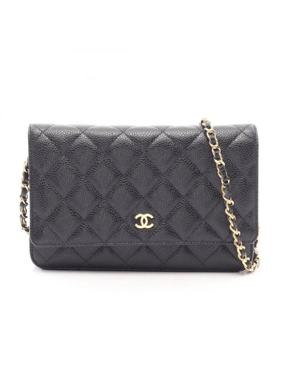 Chanel Shoulder Bag Quilted Black Caviar Leather Chain Wallet